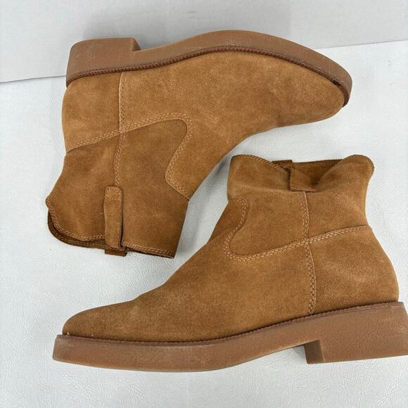 Lucky Brand Ankle Bootie Size 9 Camel Tan Suede Leather Pull On Rhetty Boots - Picture 6 of 11